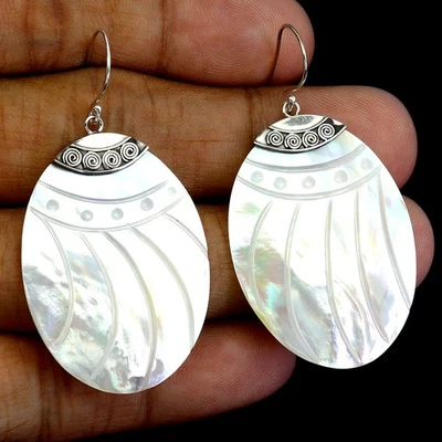 Black Friday 925 Sterling Silver Earrings Oval Mother Of Pearl 34x26mm Jewelry - Image 1 of 4