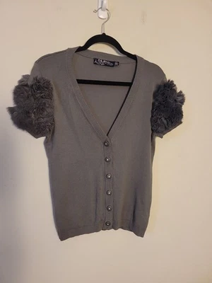 Twelve LA Grey Cardigan Sweater Sz M Fitted V-neck  Flower Embellished - Image 1 of 4