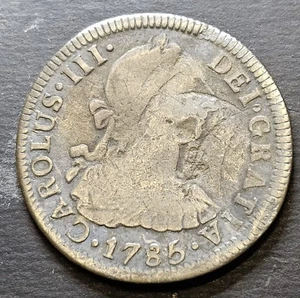 1785 FM 2 REALES SPANISH COLONIAL PIRATE ERA  SILVER  BENT COIN  - Picture 1 of 8