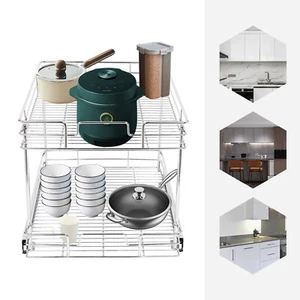 2-Tier Kitchen Cabinet Pull Out Shelf and Drawer Organizer Slide Out Silver - Picture 1 of 15