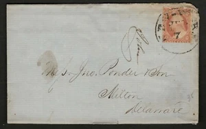 US 1857 #26 - A10 - 3c Letter-Cover CDS to Milton DE - Picture 1 of 2