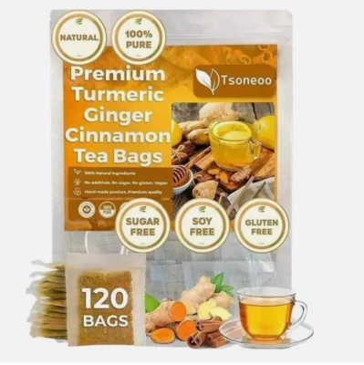 MAANI ESSENCE 120 Premium Turmeric Ginger Cinnamon Tea Bags, 100% Natural &No Additive Support