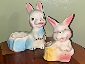 2 PLANTADORAS VINTAGE DE CONEJITO DE PASCUA DE CERÁMICA DE MEDIADOS DE SIGLO - Imagen 1 de 10