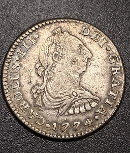Toned Bold 1774 glänzende 1 echte Silber kolonial Amerika Calico Typ Mexiko Münze - Bild 1 von 10