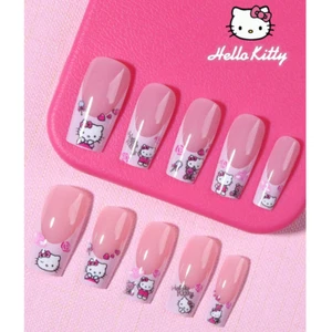 MEDIUM *PINK HELLO KITTY MANI* Full Cover 24 Nail Tips Press On Glue Set! - Picture 1 of 3