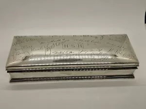 Scatola sigari sterling vintage Gorham 21 once con firme scatola portabicchieri lunga 10 1/8 - Foto 1 di 13