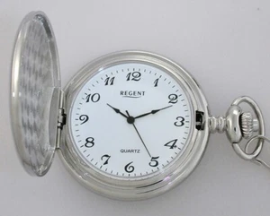 Günstige verchromte Regent Quartz Taschenuhr mit Kette gut lesbar - Picture 1 of 5