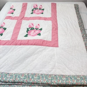 handmade quilt full pink roses floral cotton rustic primitive - Picture 1 of 19