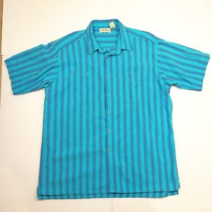 Mens L Vintage LL Bean Cool Weave Blue Striped S/S Button Up Shirt 90s Made USA