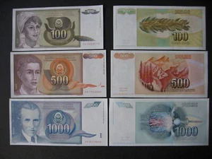 YUGOSLAVIA 100 + 500 + 1000 Dinara 1991 (P108 - P110) UNC - Picture 1 of 1