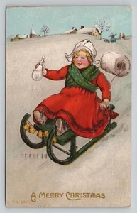 Postal de felicitación de Navidad niña en trineo Philadelphia PA cancelar 1907 rotógrafo - Imagen 1 de 2