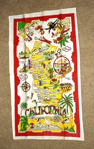 Vintage Linen Kitchen Tea Towel California Beach & Hollywood Scene 1950's - Picture 1 of 1