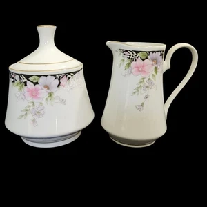 Juego de crema y azucarero de porcelana china vintage flores rosas flores borde dorado - Imagen 1 de 5
