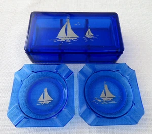 SELTEN Hazel Atlas Glas Schiffe Segelboot blau geteilt Box 2 Aschenbecher hervorragender Zustand 1930er - Bild 1 von 20