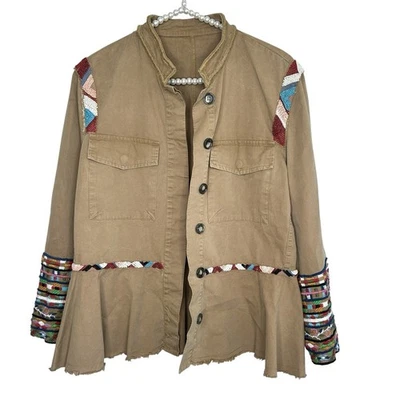 Chaqueta boho bordada con cuentas peplum para mujer pequeña utilitaria militar grunge Foto 1 de 4