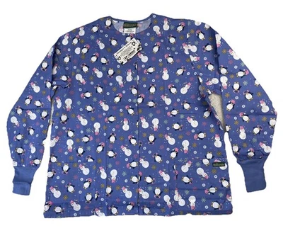 UA Scrubs Top Women's Large Long Sleeve Winter Holiday Penguin Snowmen NEW - Image 1 of 4