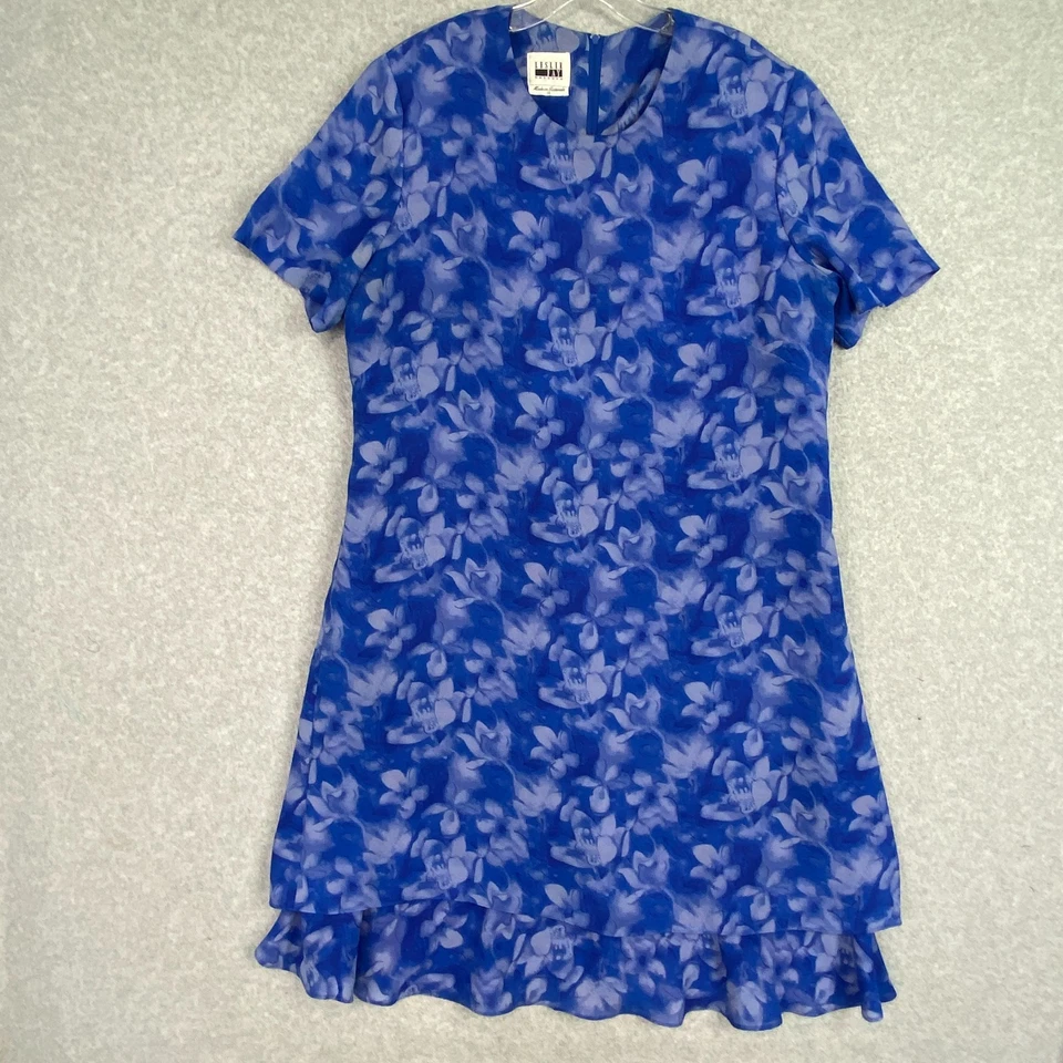 Leslie Fay Dress Womens 18 Blue Floral Sheer Lined Layerd Short Sleeve Back Zip - Image 1 of 4