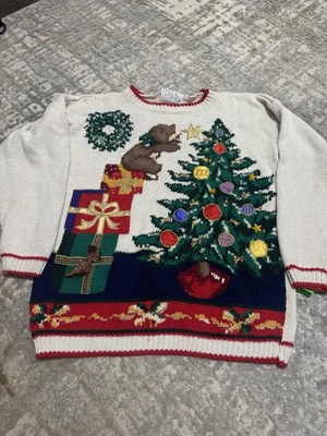 Suéter informal de esquina tejido a mano XL oso de Navidad corona de Navidad árbol grueso Foto 1 de 4