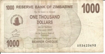 ZIMBABWE BEARER CHEQUE 1.000 DOLLARS 01/08/2006 - Image 1 of 2