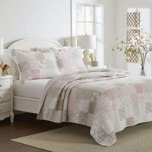 Laura Ashley Celina Patchwork Quilt Set 3PC 100% Cotton Reversible Natural Soft - Picture 1 of 29