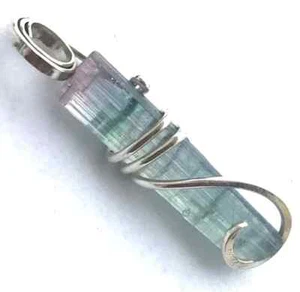 9.70 TCW Bi Color Tourmaline Slice Sterling Silver Art Wrap Pendant Necklace Art - Picture 1 of 5