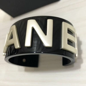 CHANEL Signature Large Logo Bangle Black Silver B19C - Picture 1 of 8