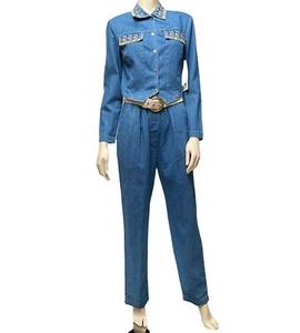New 80s Denim Jumpsuit 10 PG Collection Ginger Bort Embroidered Cropped Jacket 6 - Picture 1 of 12