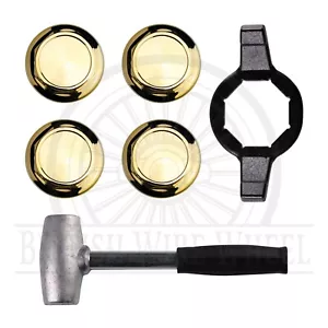 Hex Cut Gold Knock Off Spinner Caps for Lowriders, Set of 4 + Wrench + Hammer - Picture 1 of 13