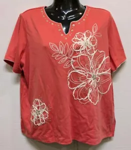 NWT Alfred Dunner PL Top Cotton Blend Short Sleeve Embroidered Ribbon Work - Picture 1 of 7