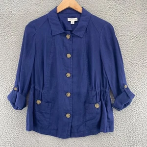 Coldwater Creek Jacket Womens 10 Navy Linen Roll Tab Sleeves Button Up Pockets - Picture 1 of 11