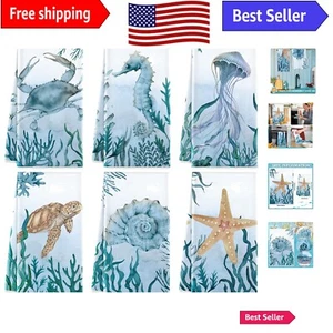 Set of 6 Beach Kitchen Towels with Sea Animal Designs - Stylish Kitchen Gifts - Picture 1 of 9