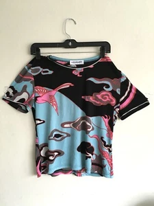 Vtg Leonard Paris stunning turquoise blue,hot pink,black silk top,birds 42 M - Picture 1 of 10