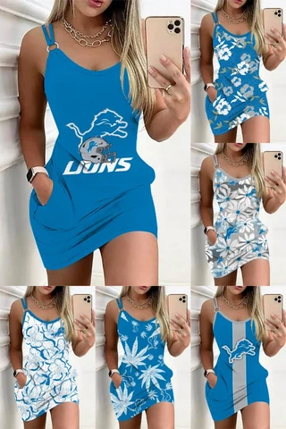 Detroit Lions Womens Bodycon Slip Dress Casual Deep Neck Beach Short Dress Gifts Cover