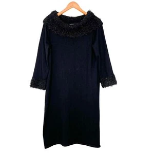 Spense Black Sweater Dress Boat Neck Faux Feather Collar Cuffs Long Sleeves Sz L - Picture 1 of 9