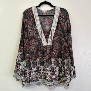 Umgee Lace Up Flowy Peasant Blouse Paisley Lace Floral Embroidery Sz L EUC - Picture 1 of 7