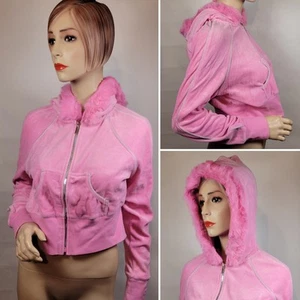 NEW Y2K Bebe Sport Velvet Fur Trim Pink Cropped Hoodie NWT L - Picture 1 of 9