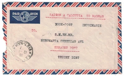 Saigón Vietnam 1957 vía Calcuta a Madras India cubierta de correo aéreo Foto 1 de 2