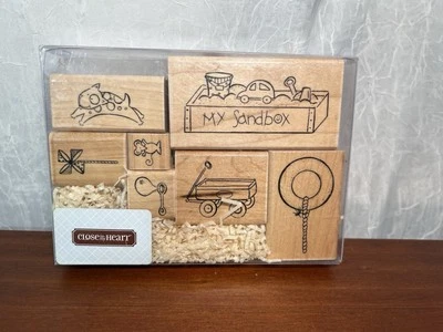 Набор из 7 деревянных резиновых штампов Close to My Heart CTMH «My Sandbox», новые/неиспользованные — - Изображение 1 из 4