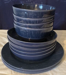 Lot of 4 dark blue melamine dinner sets, dinner plate, salad bowl, soup/cereal b - Picture 1 of 8