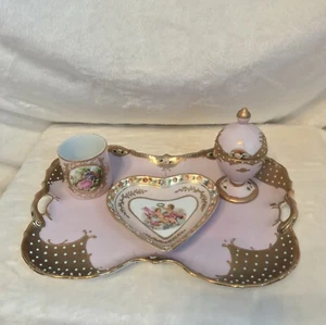 4er Set 1940 Lenwile Ardalt Porzellan Letton China ROSA Waschtisch Kommode Tablett Set - Bild 1 von 12