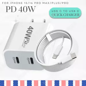 PD 40W Fast Charger Block USB-C to USB-C Cable For iPhone 16 15 Pro iPad MacBook - Picture 1 of 16