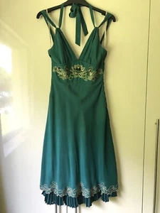 Karen Millen Green Gold Embellished Strappy Halter Neck Silk Flare Dress UK 8 - Picture 1 of 6