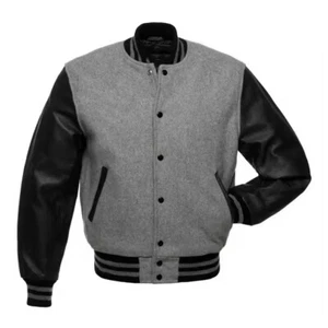 Giacca uomo Letterman basket Varsity grigio lana nero pelle maniche giubbino - Foto 1 di 3