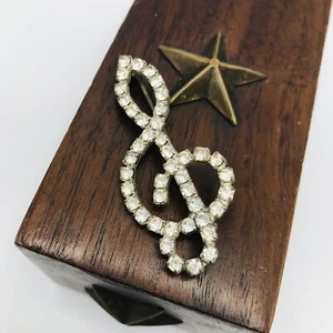 Vintage Music Note Treble Clef Rhinestone Brooch Pin Rhodium Plated 2" - Picture 1 of 2