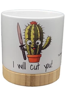 Ceramic Pot White with Bamboo Base with Funny Cactus Images and Sayings, 4 Inch - Picture 1 of 56