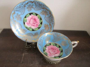 Paragon England Tea Cup And Saucer Large Cabbage Rose On Black Turquoise Blue - Picture 1 of 11