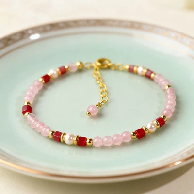 Pulsera minimalista turmalina perla cuarzo rosa con cuentas cristal curativo delicado Foto 1 de 2