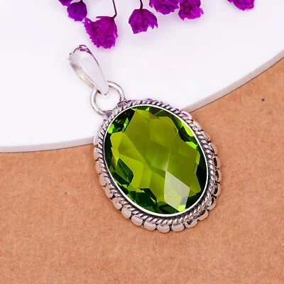 Green Peridot Gemstone 925 Sterling Silver Pendant Handmade Jewelry Gift For Her - Image 1 of 4
