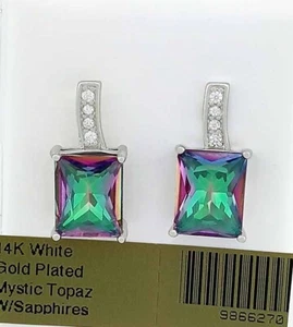 LAB MYSTIC TOPAZ & WHITE SAPPHIRES STUD EARRINGS 14K WHITE GOLD PLATED - NWT - Picture 1 of 4