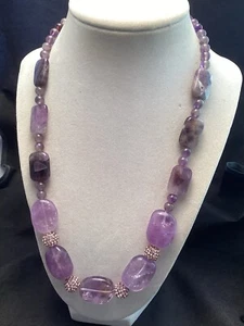 Handmade Sterling Silver Large Amethyst Nugget Strand Beaded Necklace 20.5” - Picture 1 of 13